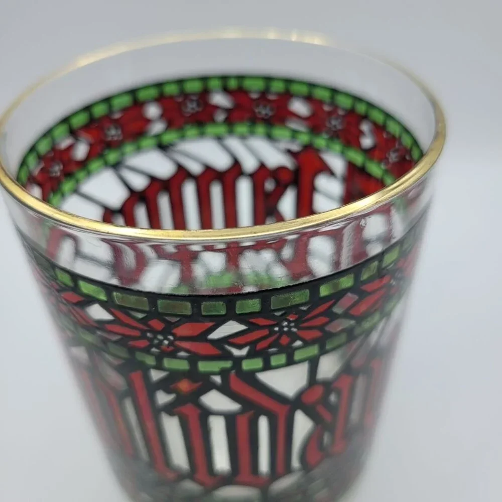 Houze Happy‎ Holidays Stained Glasses Cups Red Green Gold Poinsettia Christmas